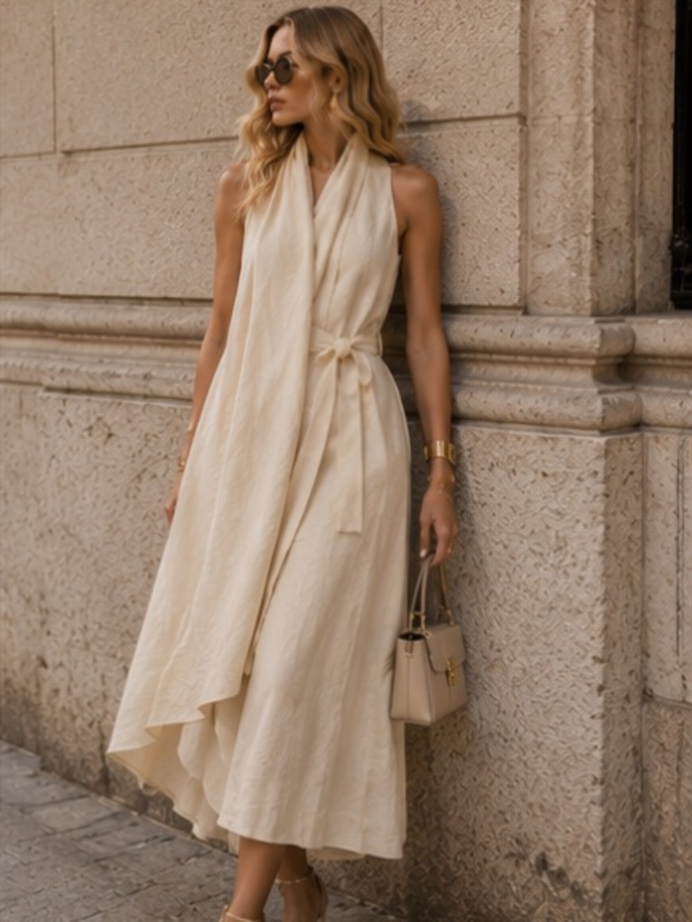 MNG linen Cream Halter Tie-Detail midi Dress
